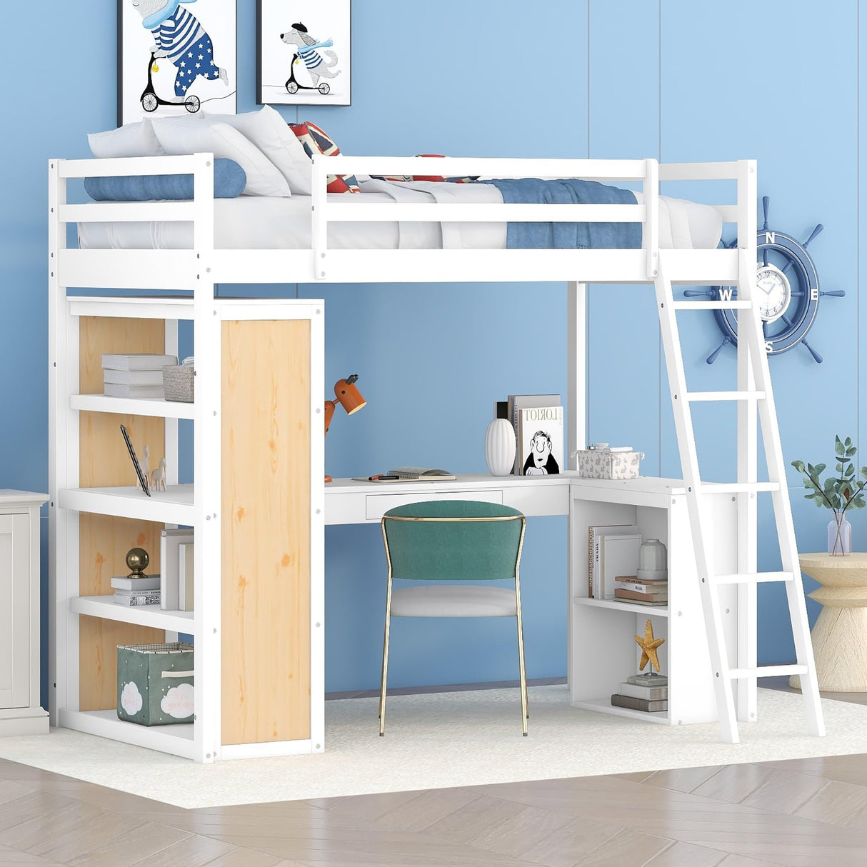 Twin Wood Loft Bed wDesk, Shelves, Drawers, Oleophobic Board, Ladder White - Twin