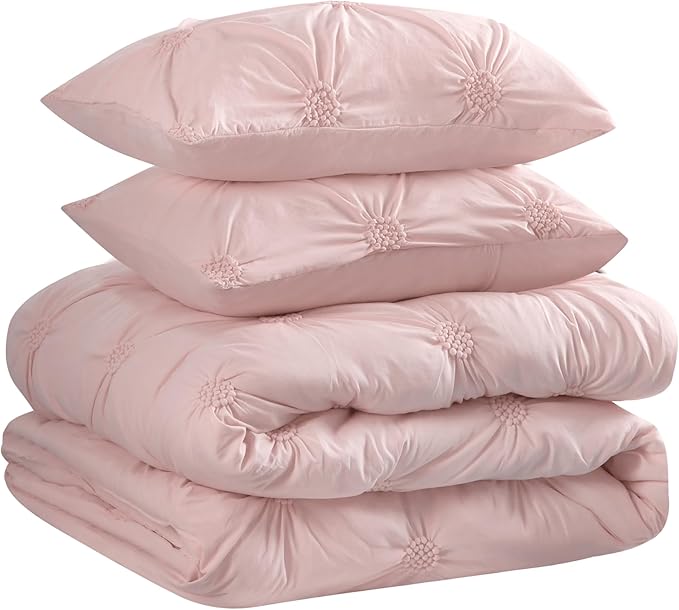 King Gray Comforter Set - Ruched 3D Floral Pintuck Bedding Set - 3 Pieces Bed Linen, 1 Comforter and 2 Pillow Shams
