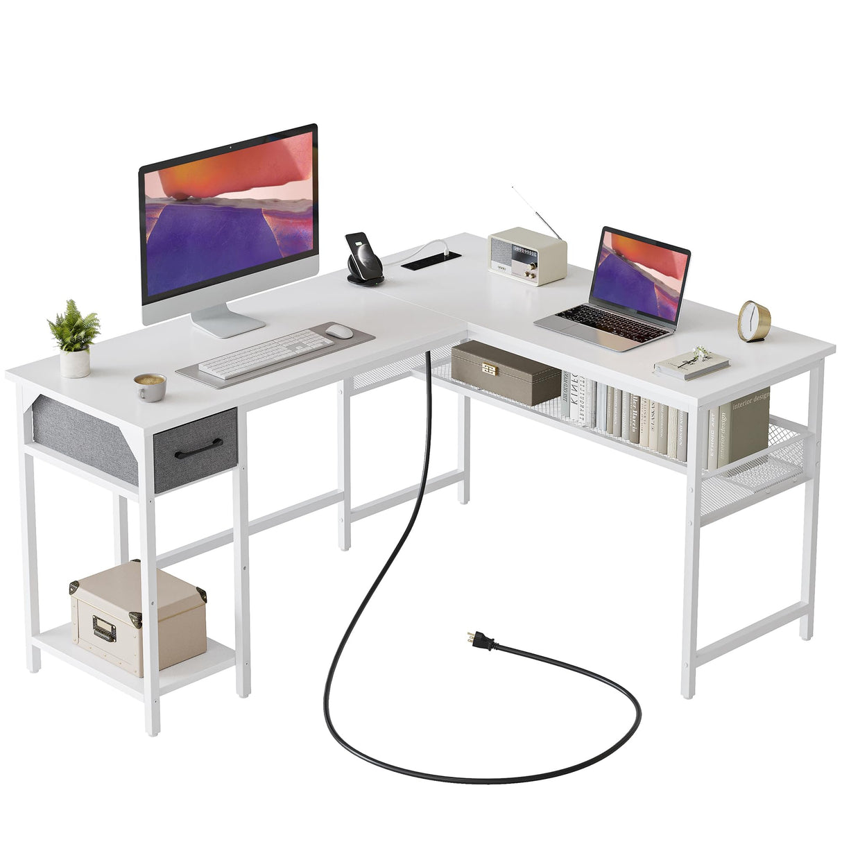 L Shaped Desk with Power Outlets, Computer Desk with Drawer, Reversible Corner Desk