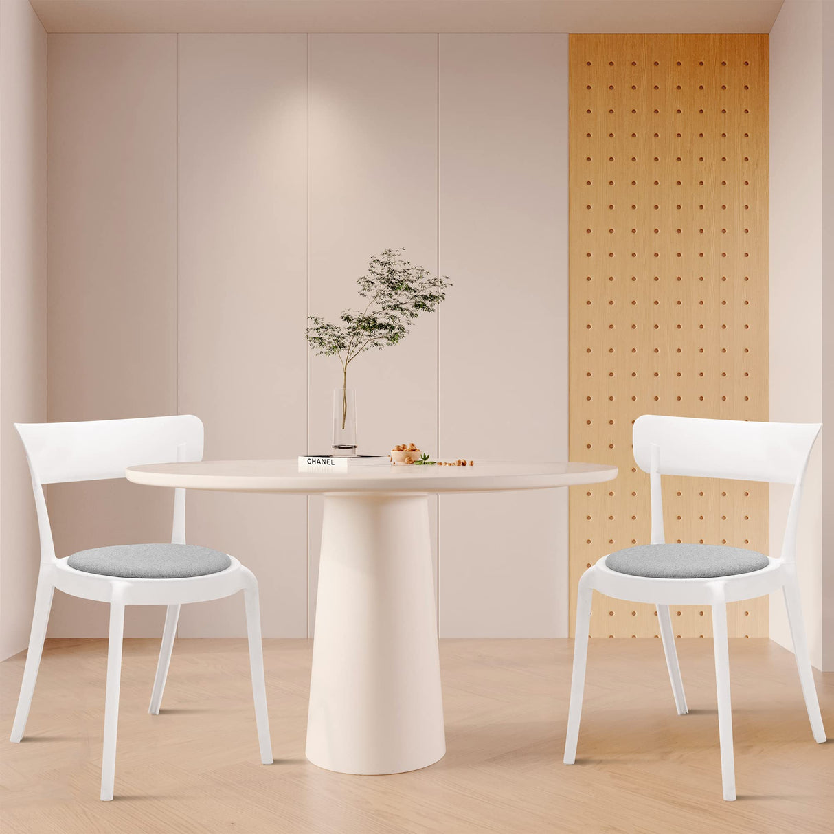 Armless Bistro Dining Chair-Set of 2, Premium Plastic with Upholstered Seat, White + Grey