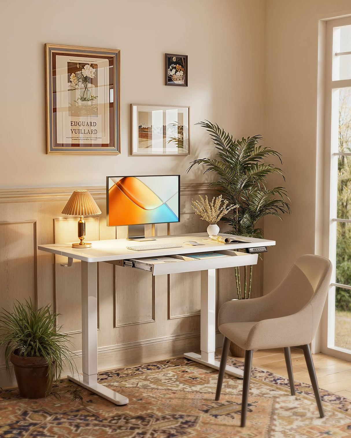 Standing Desk with Drawer, 44 x 24 inch Electric Height Adjustable Desk with 4 Preset Heights & 2 Storage Hooks, Sit Stand Desk with Drawer, Computer Home Office Desk with Splice Board, White