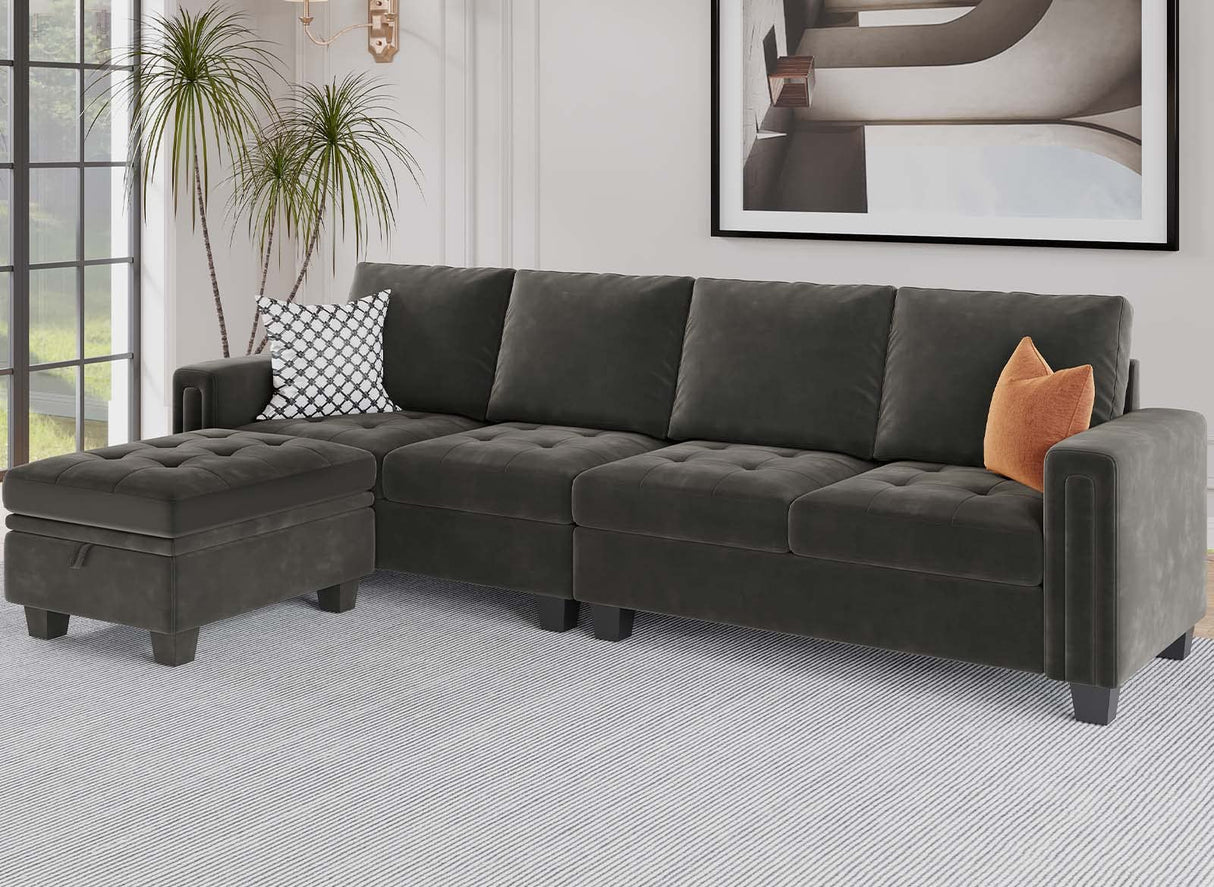 Velvet Reversible Sectional Sofa with Chaise Convertible L Shaped 4-seat Sectional