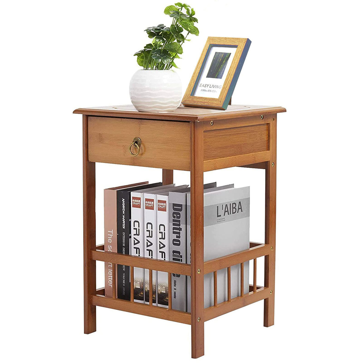 Bamboo End Side Table Nightstand with Drawer for Bedroom