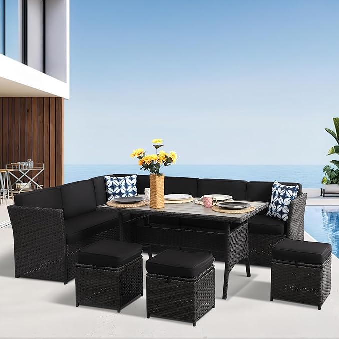 Patio Furniture Set, 7 Pieces Outdoor Dining Sets (Black-Black, B-7 Pieces)