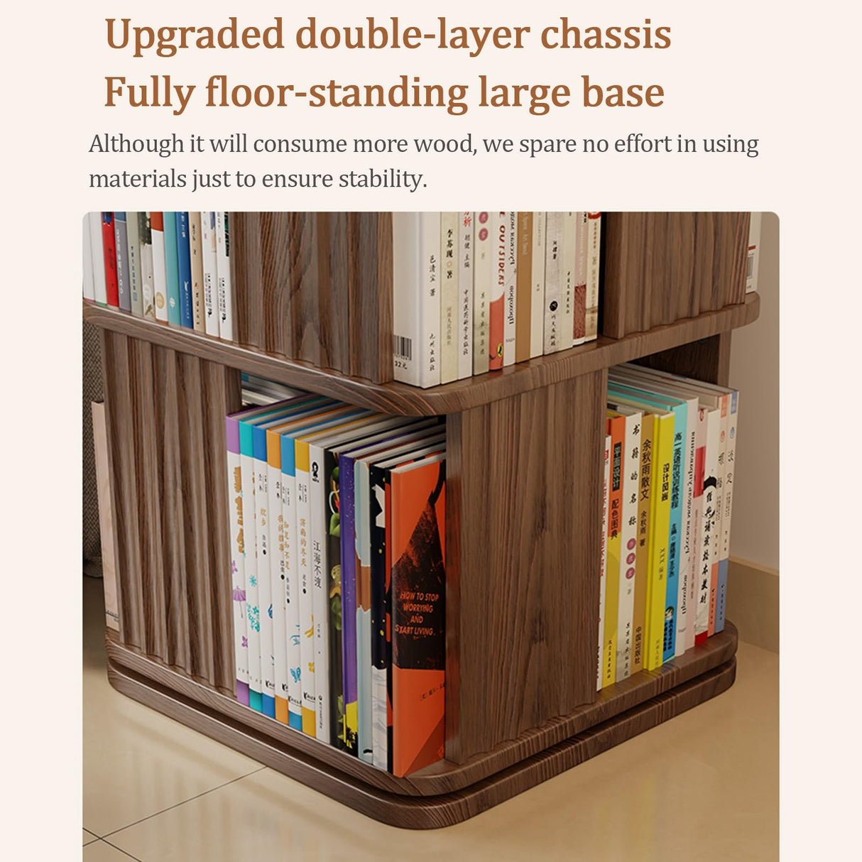 Wooden Revolving Bookcase for Kids & Adults,Floor Standing Display Shelf Storage Rack,3/4/5 Tier Corner Bookcase Rotating Bookshelf tower,360 Square Swivel Bookcase Rotating Bookshelf tower.(Walnut,4-