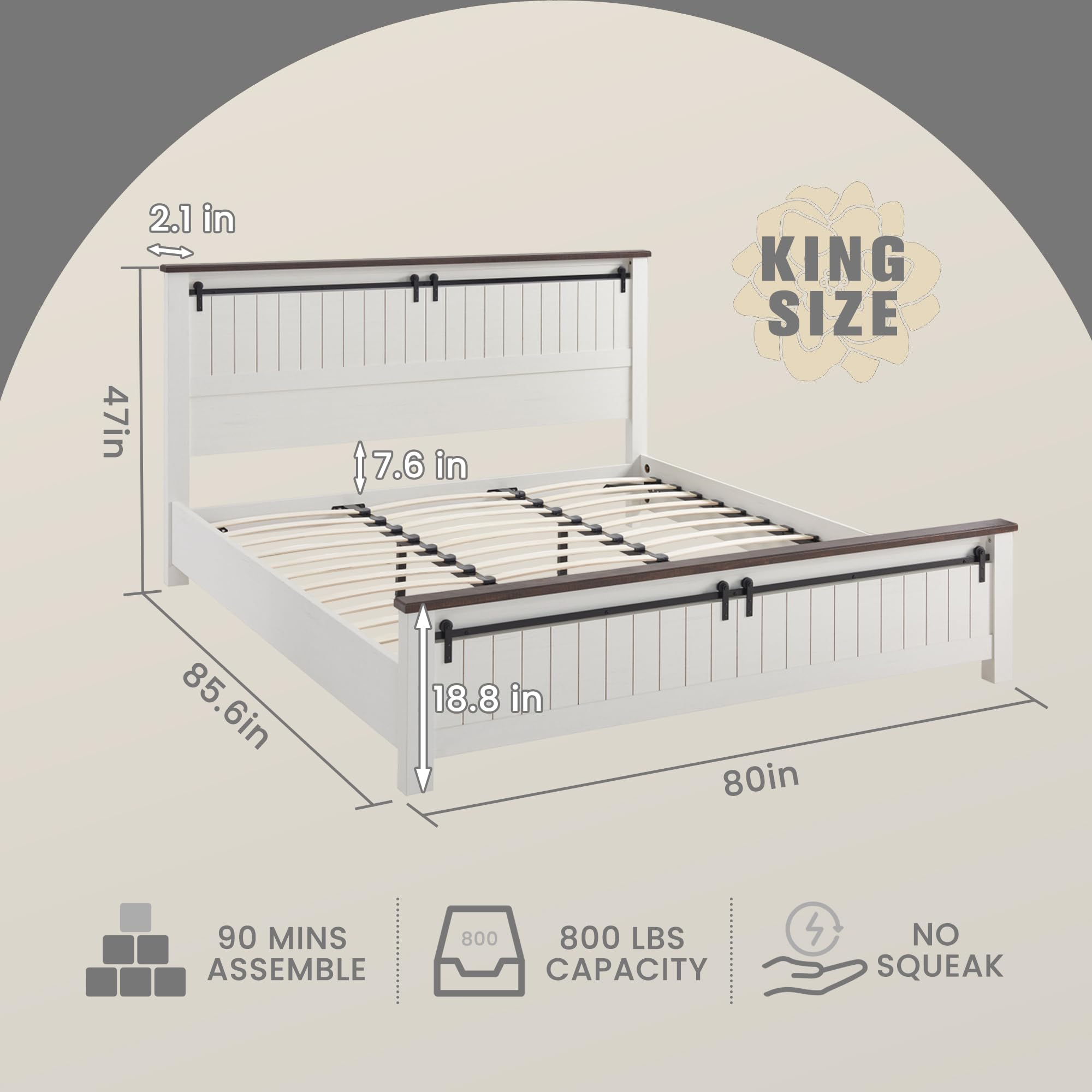 IFGET Farmhouse King Size Bed Frame with 47" Headboard, Wood Bed Frame with Groove Sliding Barn Door Footboard, Platform Bed with Wood Slats Support, No Box Spring Needed (White)
