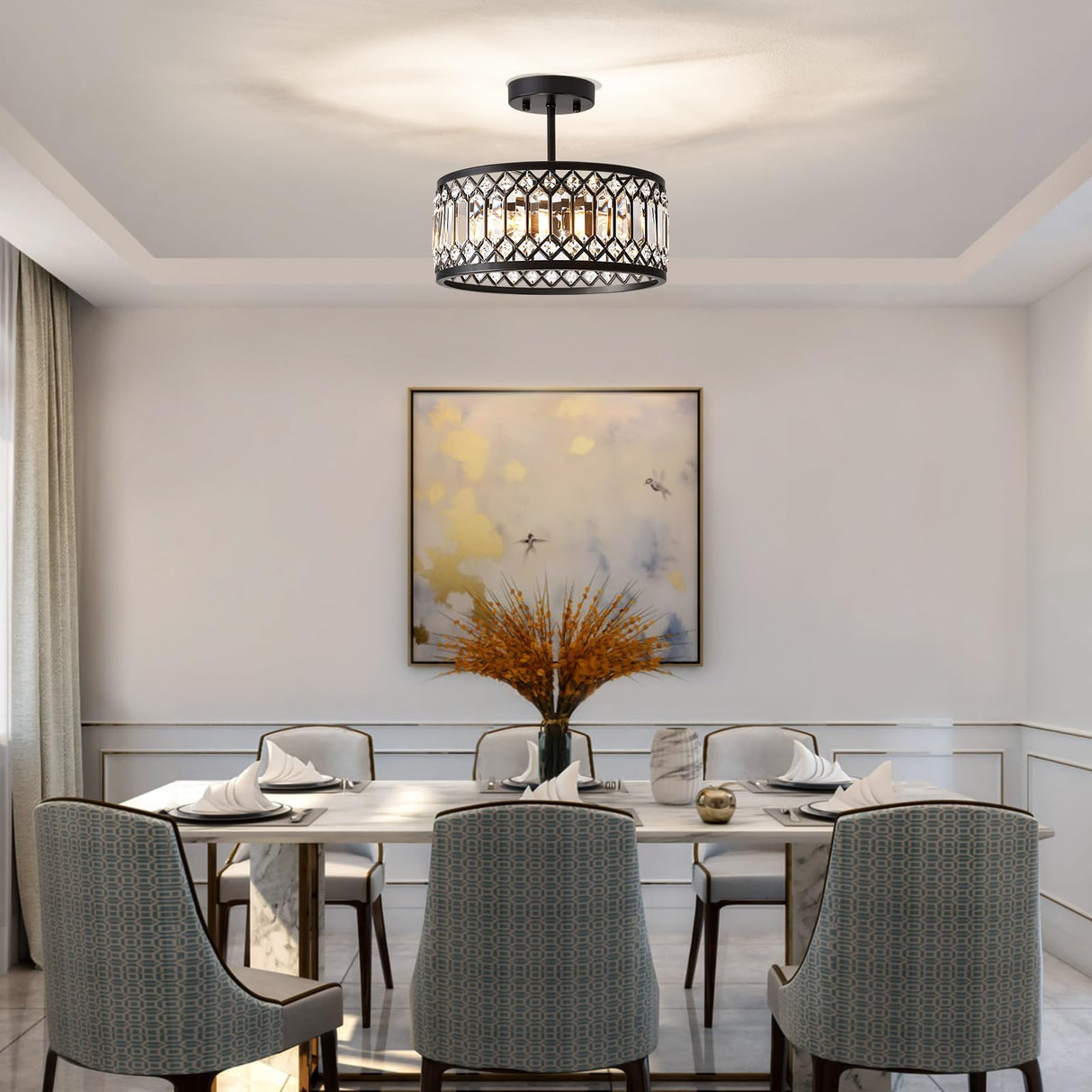 Pevfah Crystal Black Ceiling Light, Modern Semi Flush Mount Ceiling Lighting Fixture, Round Hallway Lighting Fixtures Chandelier for Kitchen Entryway Bedroom Dining Room, 3-Light, 12.2 Inch