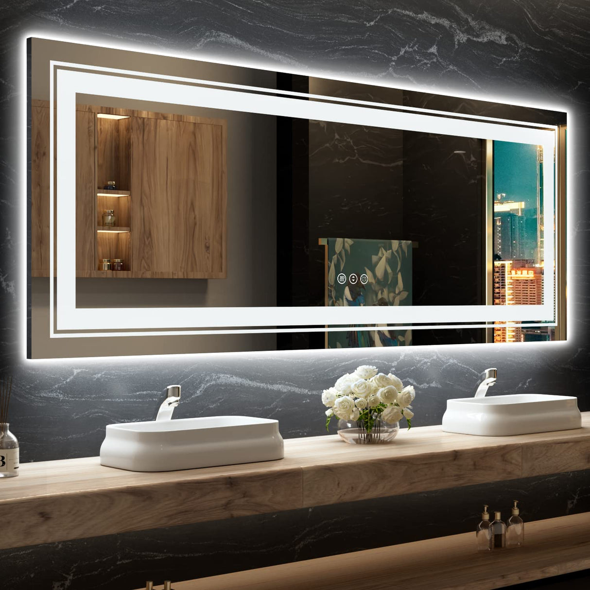 Bathroom Mirror, with Front and Backlit, Anti-Fog, Large Bathroom Vanity Mirror