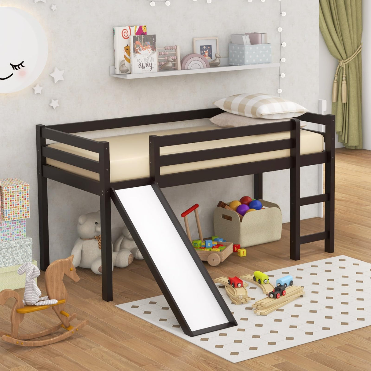 Twin Loft Bed with Slide, Wood Low Loft Bed for Kids