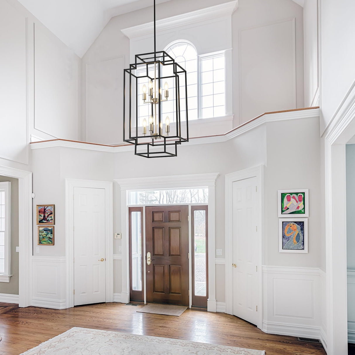 8-Lights Lantern Tiered Pendant Light Fixtures, Black and Silver Foyer Lighting Fixtures