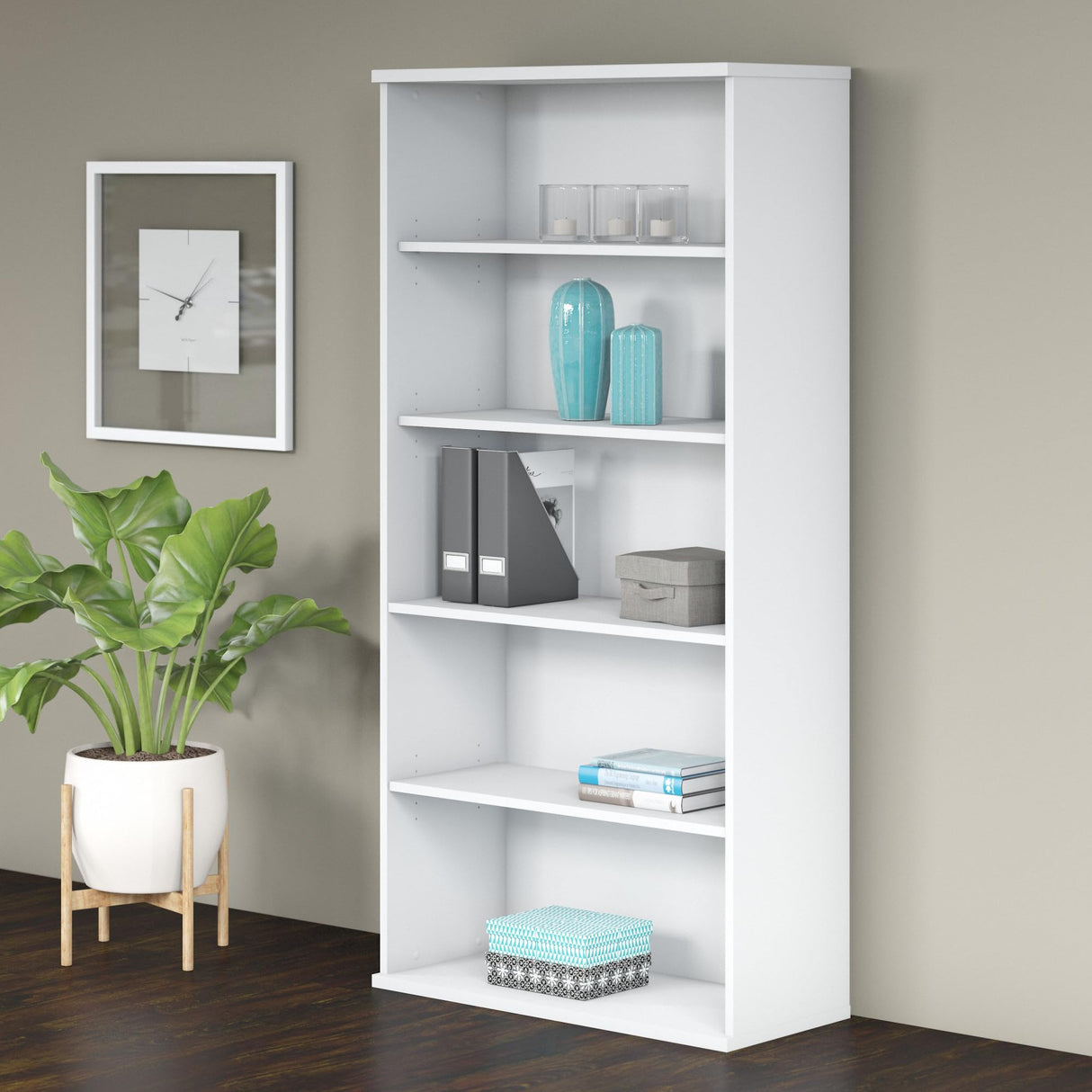 Studio C Tall 5 Shelf Bookcase in White, Large Bookshelf for Home or Professional