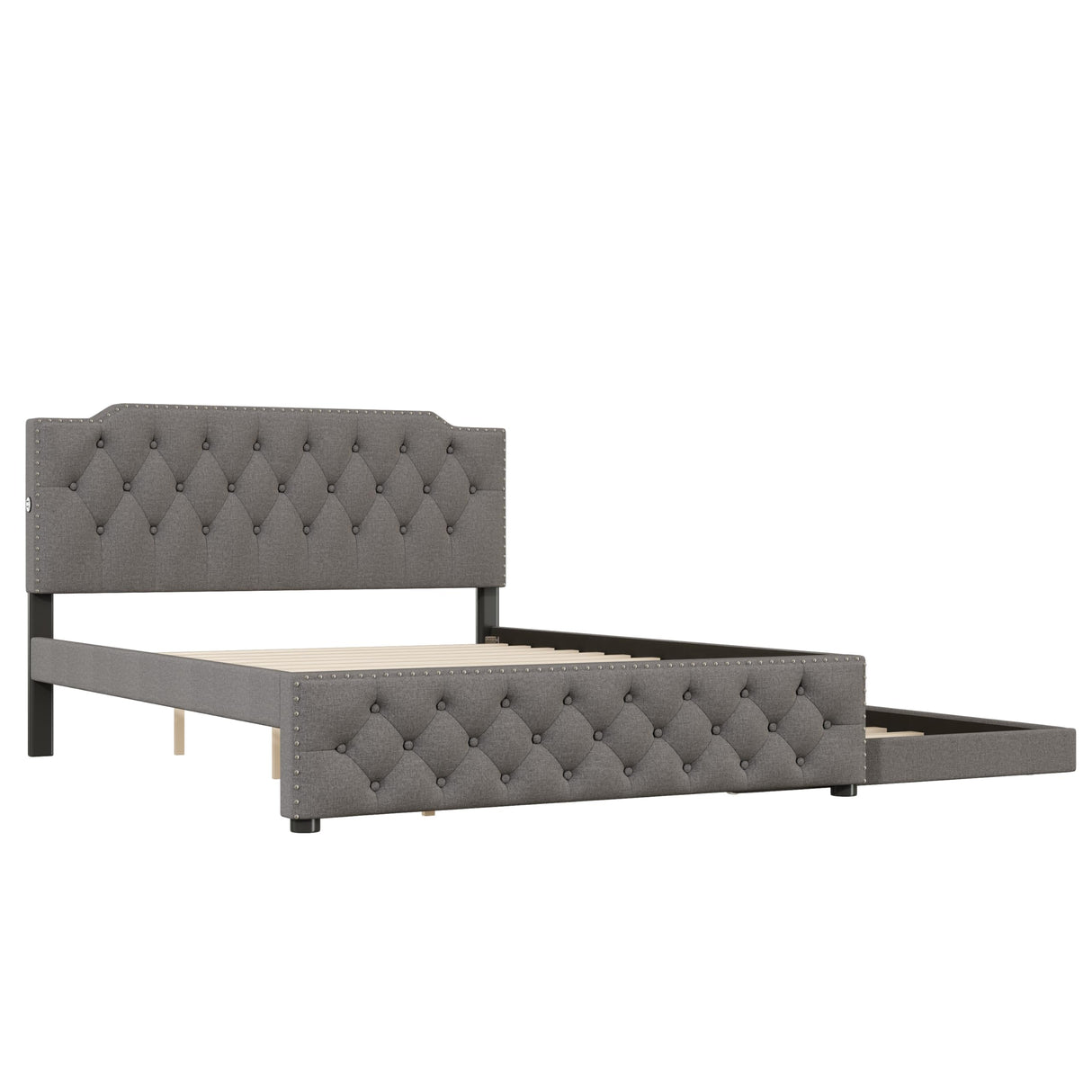 Queen Size Upholstered Platform Bed with Twin Size Trundle and 2 Sets of USB Ports