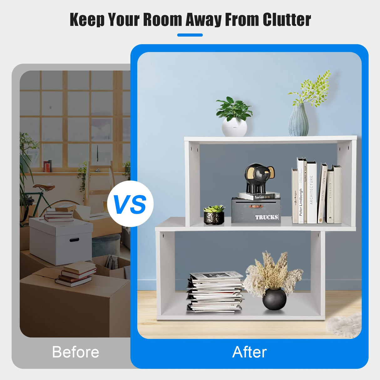 3-Tier Geometric Bookshelf White, 28’’ Tall Wood S-Shaped Display Shelves