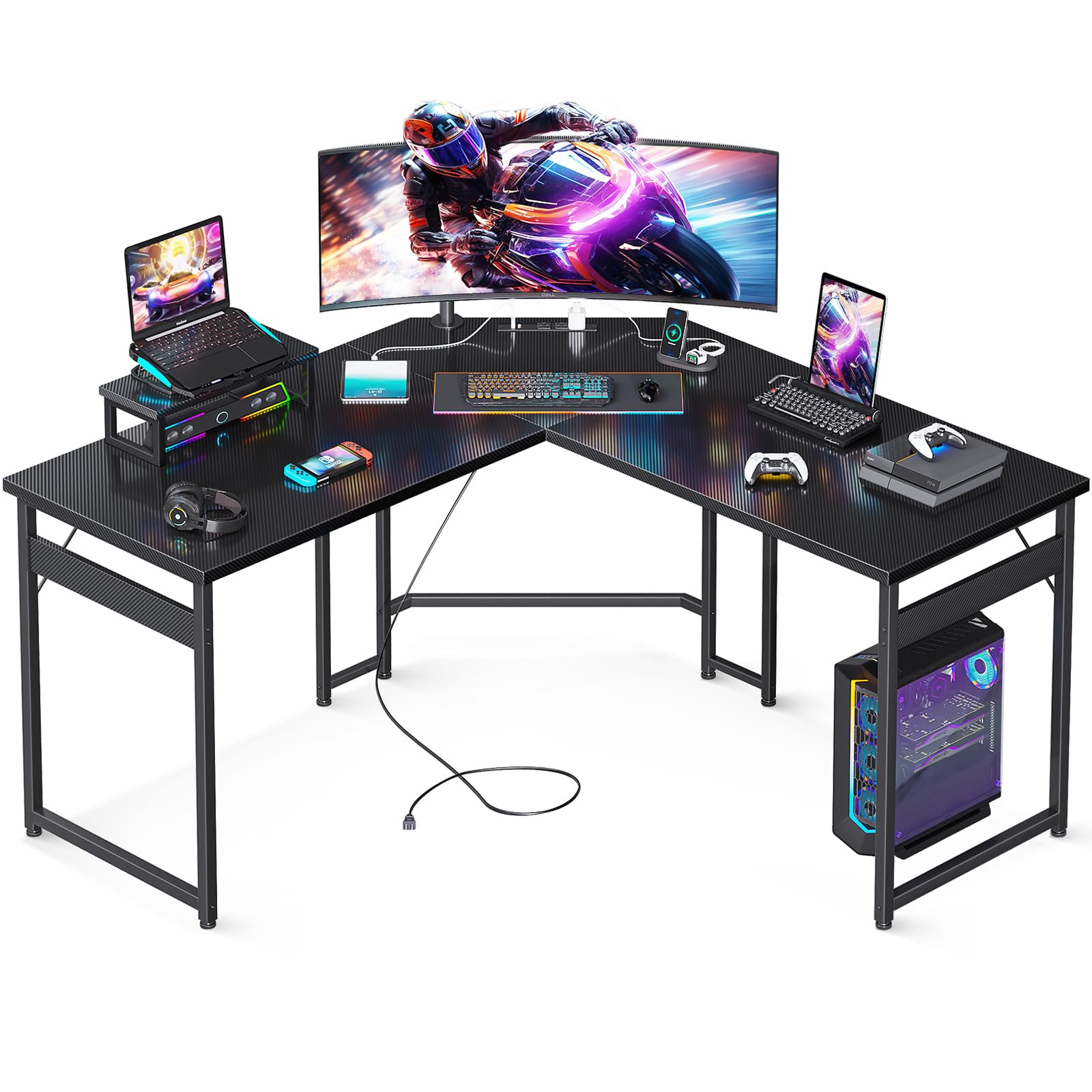 51 inch L Shaped Gaming Desk with Power Outlets and USB Port, Corner Desk Gaming Table