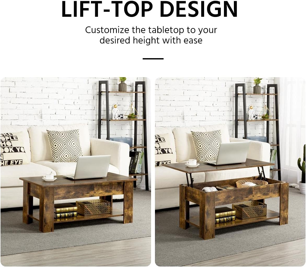 Rustic Coffee Table, Lift Up Coffee Table with Hidden Storage, Living Room Center Tables