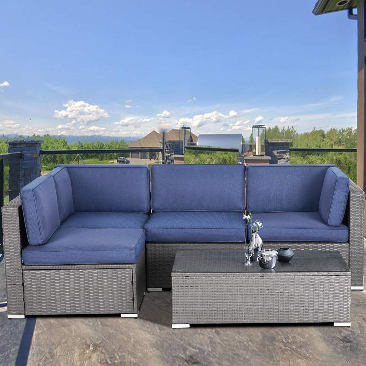 5-Piece Outdoor Patio Sectional Sofa Set with Glass Coffee Table - All Weather Wicker