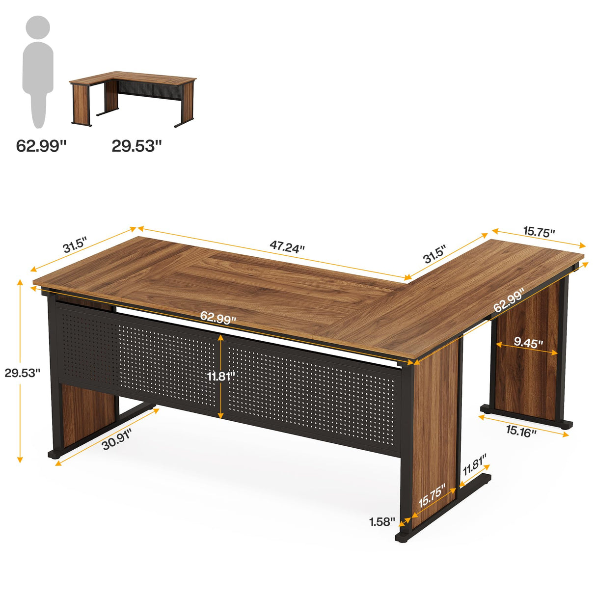 63" L-Shaped Executive Desk, Large Office Desk with Front Baffle, Modern Computer Desk Workstation Business Furniture for Home Office, Walnut & Black
