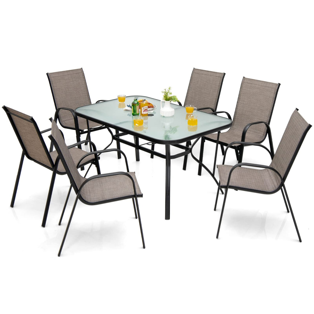 7 Piece Patio Dining Set, Outdoor Dining Table Set with 6 Stackable Chairs
