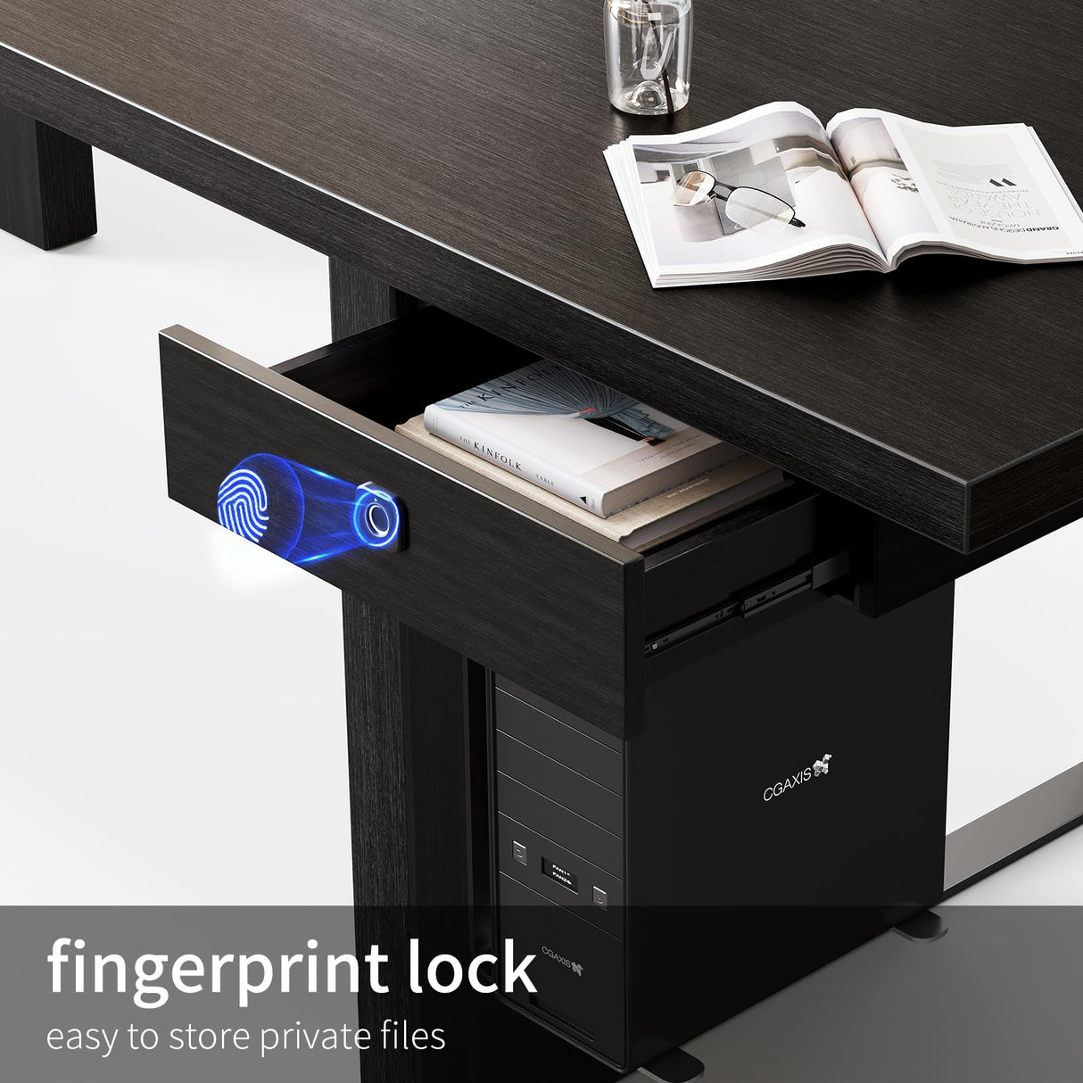 Executive Desk, Large Computer Office Writing Desk with Thickened Desktop, Fingerprint