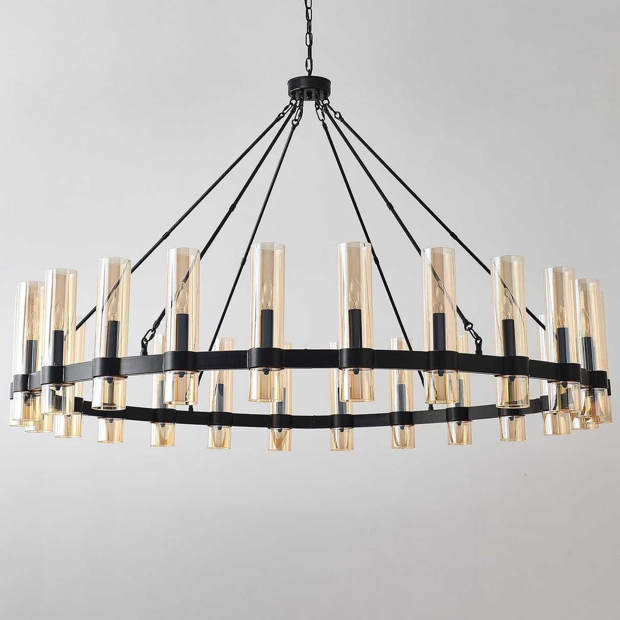 60 Inch Black Wagon Wheel Chandelier, 24 Lights, with Brown Glass Shade
