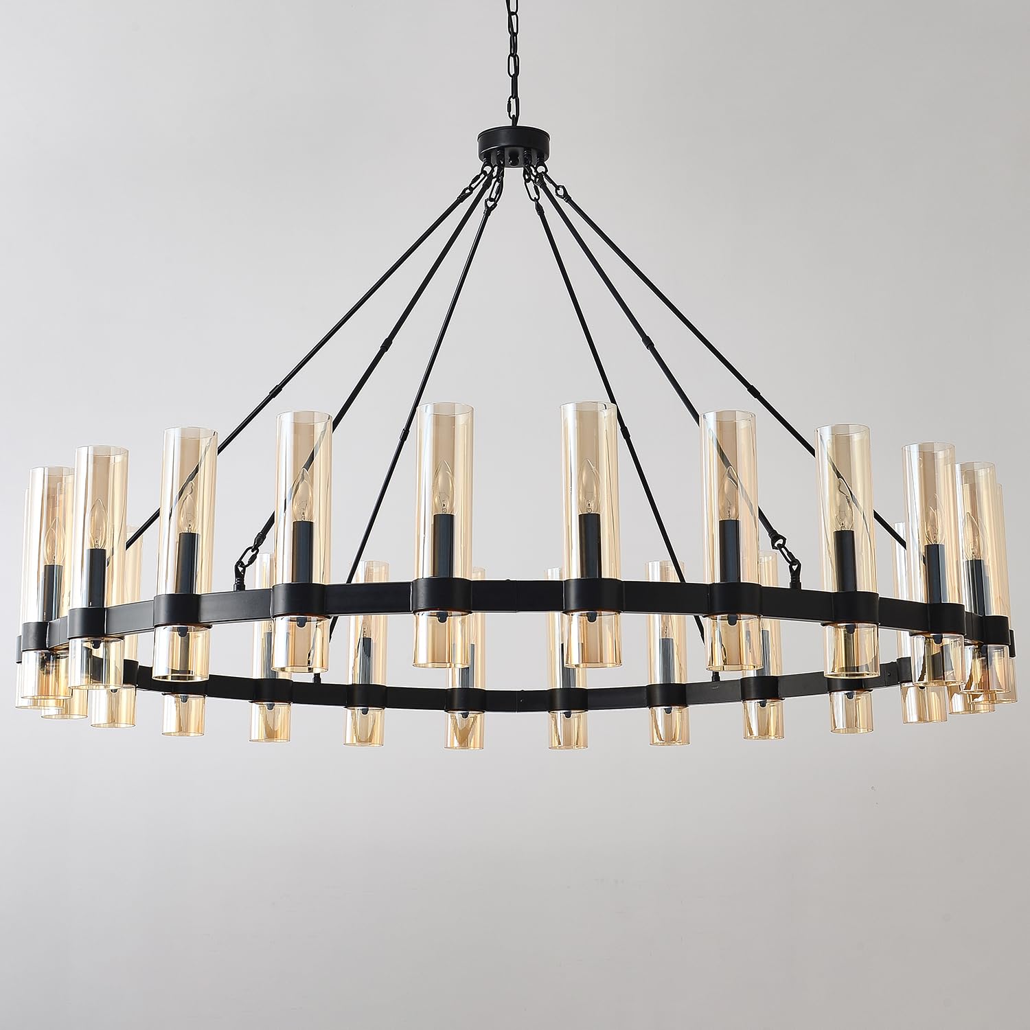60 Inch Black Wagon Wheel Chandelier, 24 Lights, with Brown Glass Shade