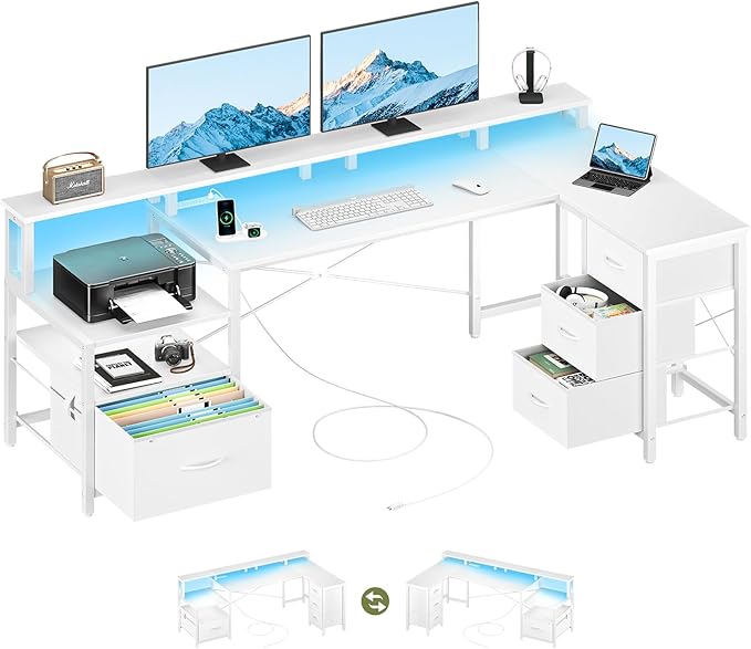 L Shaped Desk with Drawers, LED Computer Desk with Power Outlets, 75" Reversible