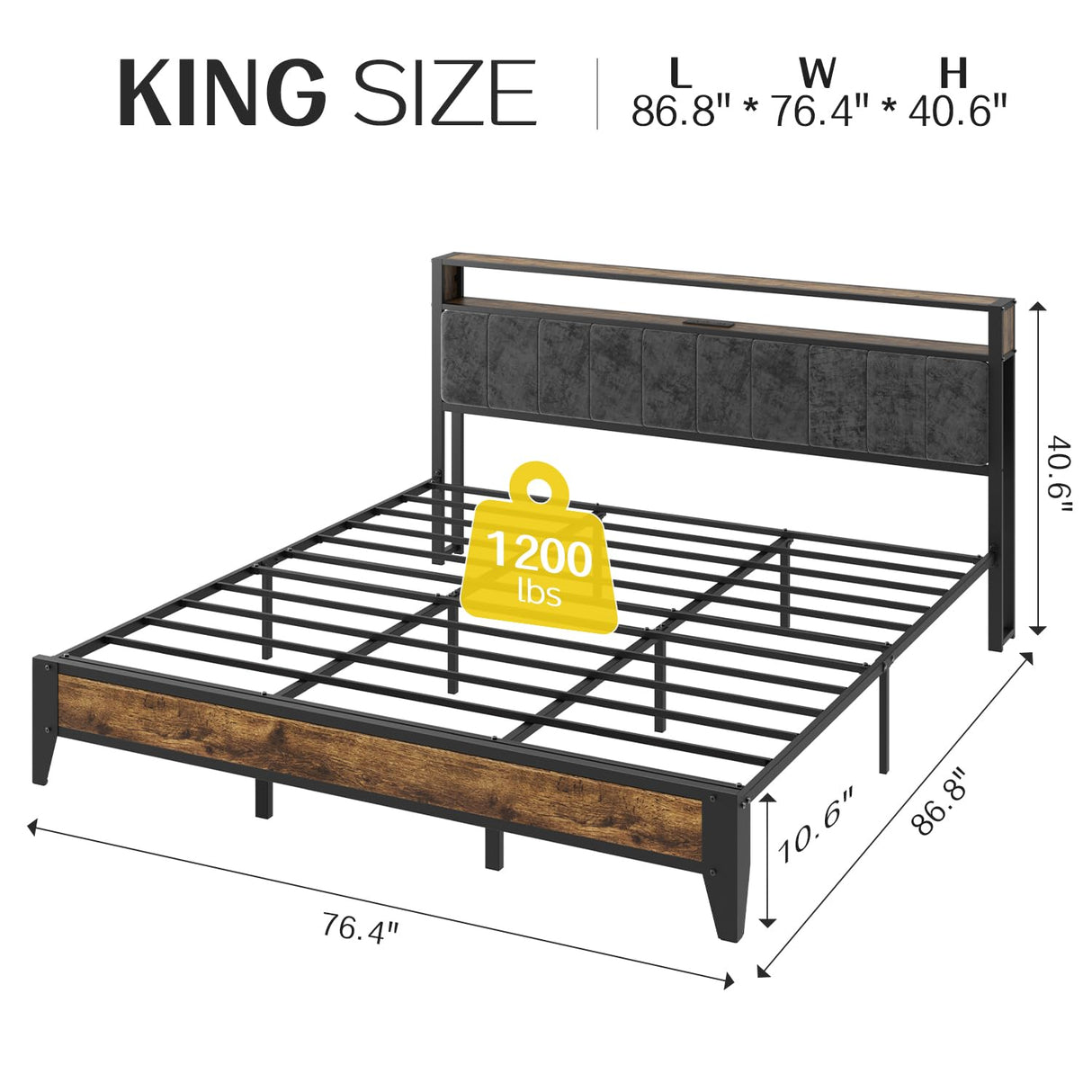 King Bed Frame with Headboard and LED Lights