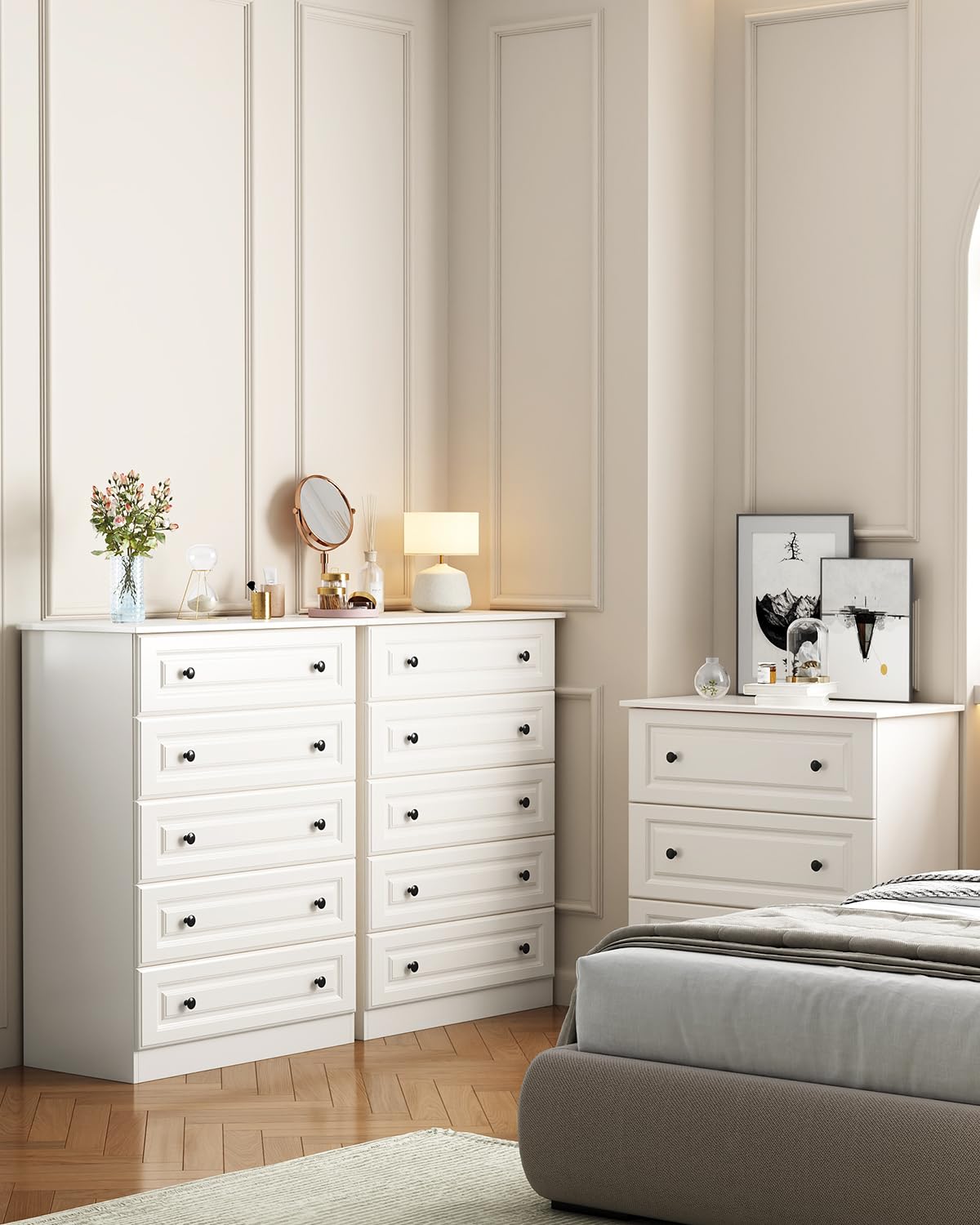 White 5-Drawer Tall Dresser with Wood Top, Modern Storage Tower for Bedroom, Closet, Living Room, Entryway, Hallway