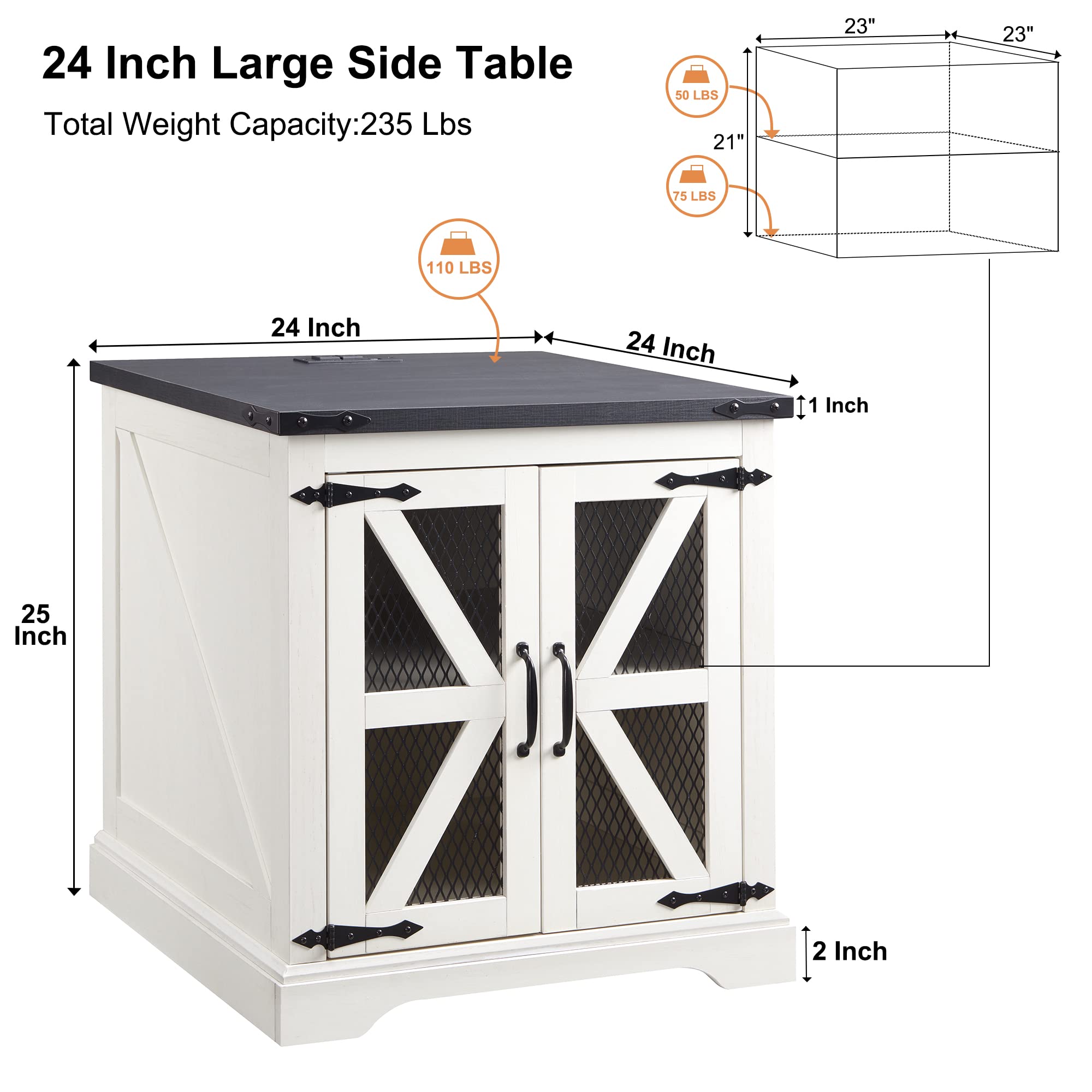 Farmhouse End Table, 24" Large Sofa Side Table with Charging Station