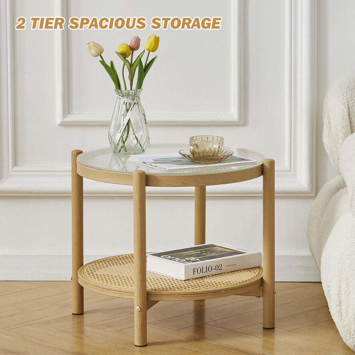 19.6" Boho Rattan Coffee Table, Round Glass Metal End Table