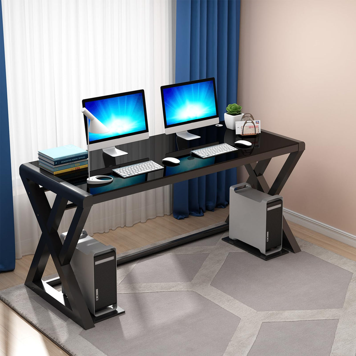 Computer Desk Home Office Desks, 55.1 Inch Modern Simple Office Black Glass
