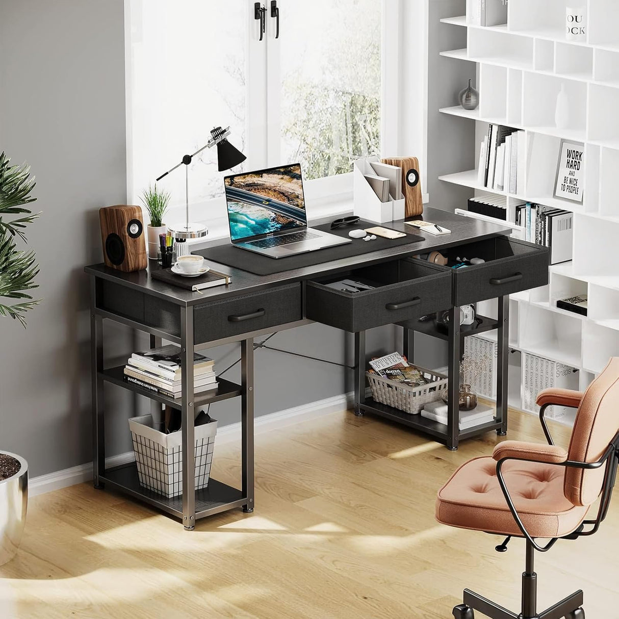 Small Computer Desk: Home Table with Fabric Drawers & Storage Shelves, Modern Writing Desk, Black, 48"x16"