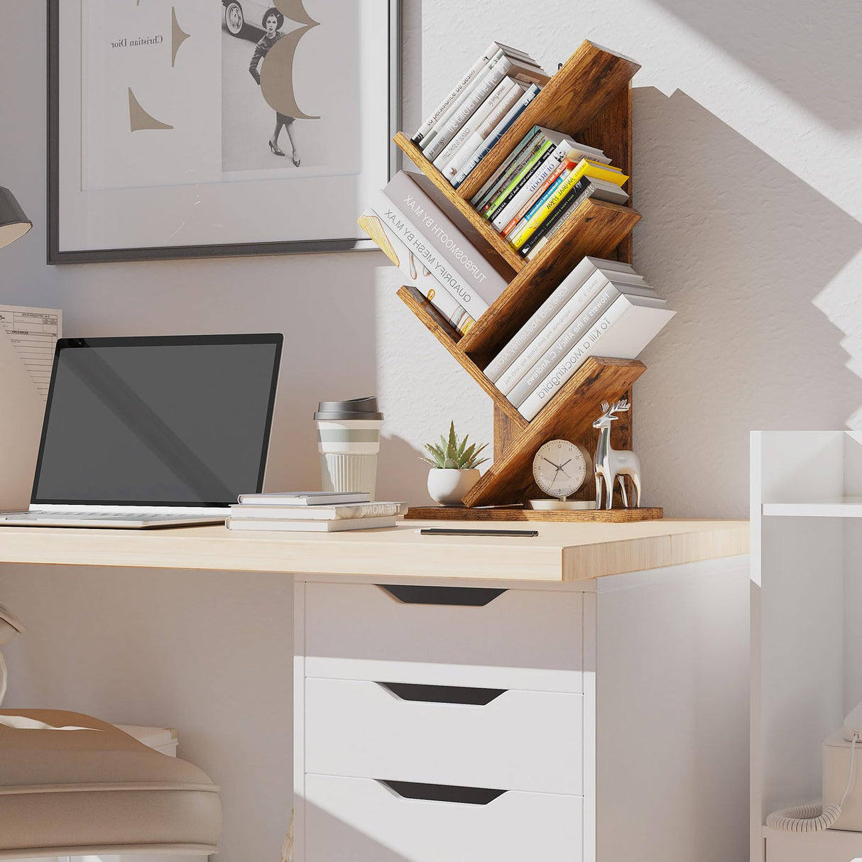 YMYNY 4 Tiers Tree Bookshelf,Rustic Brown+White,HBC014H+HBC014W