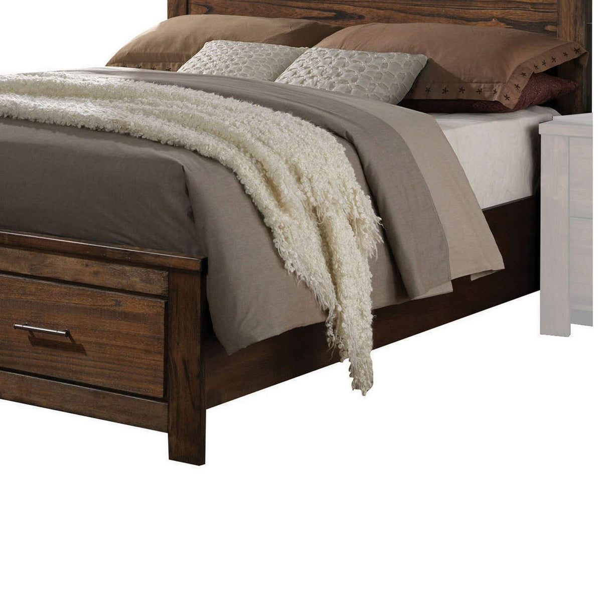 Wooden Eastern King Size Bed with Open Shelves and Drawers, Brown