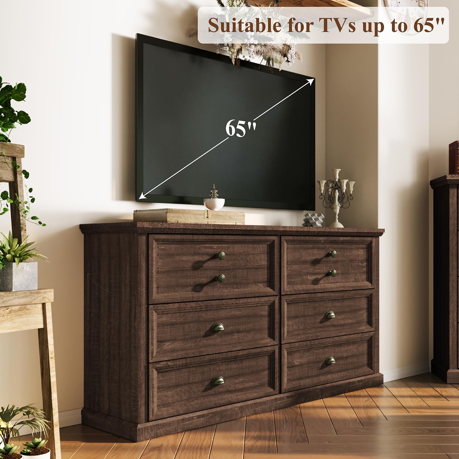 58”W Farmhouse 6 Drawer Dresser for Bedroom, Natural Wood Texture Chest Dresser