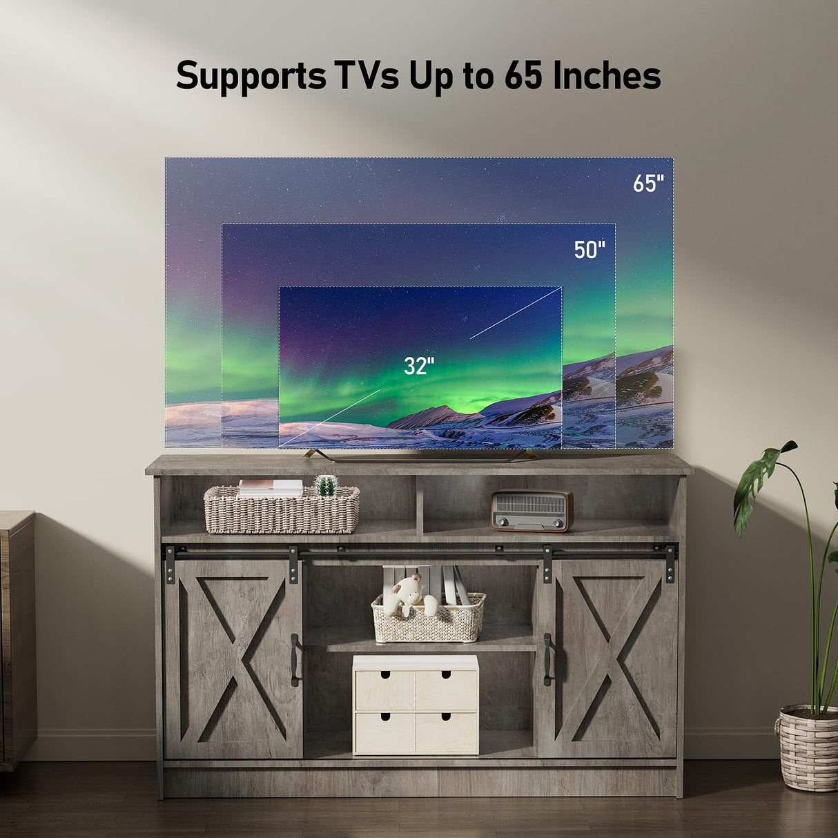 Farmhouse TV Stand for 65 Inch TV, TV Table and TV Console, TV Stands with Adjustable