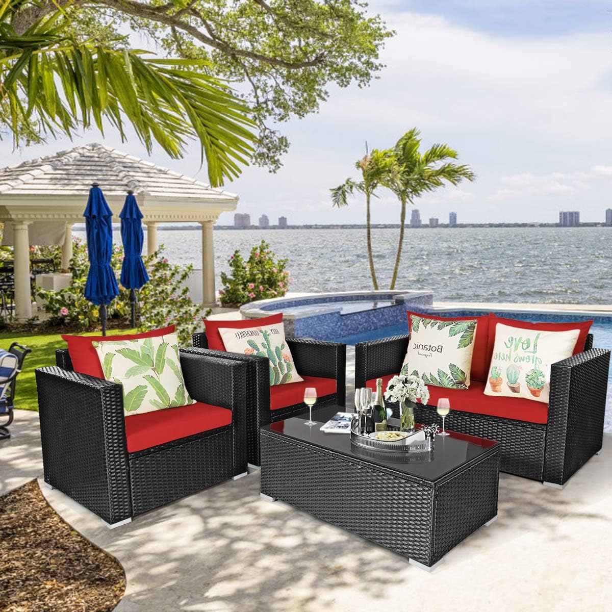 4-Piece Outdoor Patio Rattan Furniture Set with Cushions - Red Sectional Sofa Collection