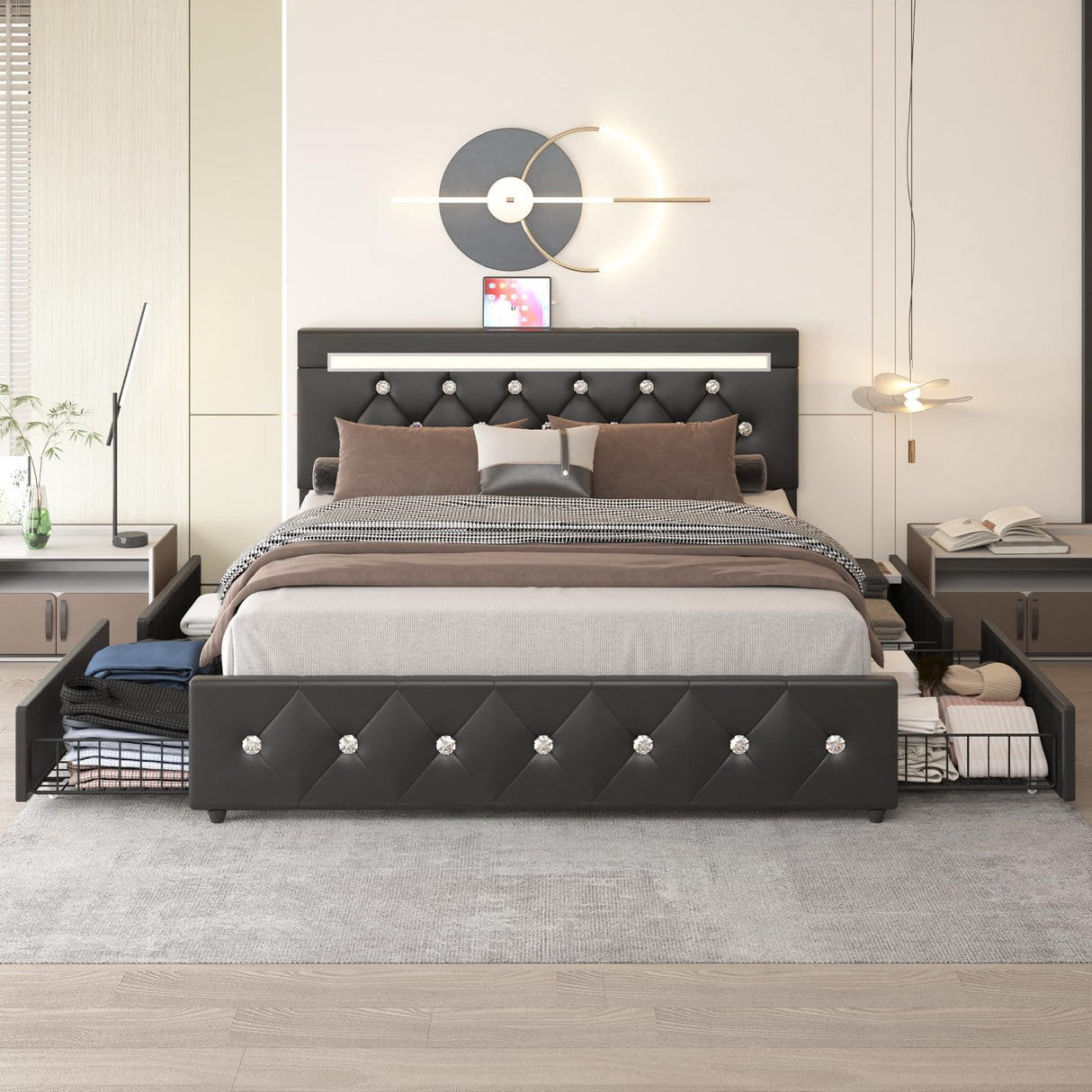 Full Size Bed Frame with 4 Drawers and LED Adjustable Headboard