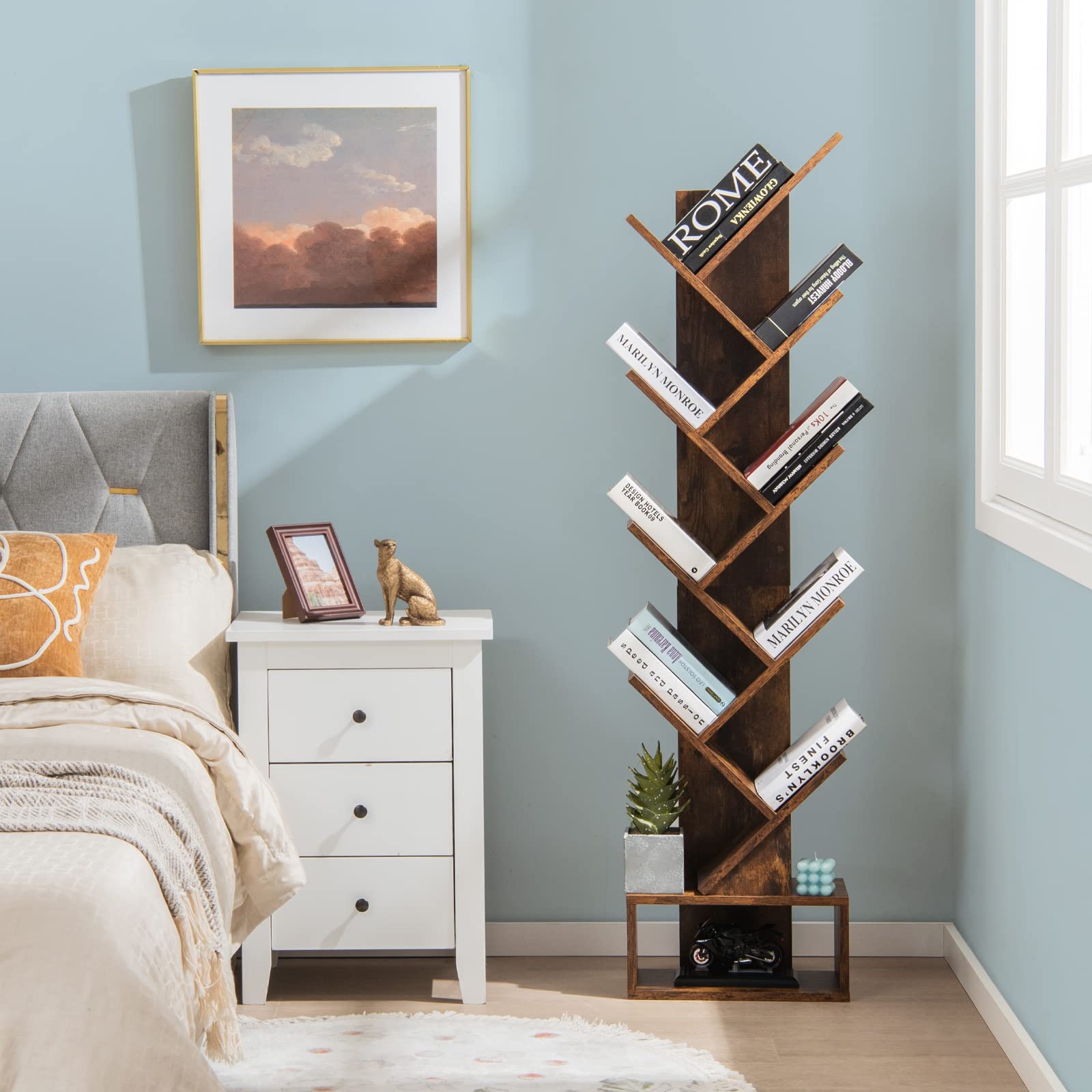 Tangkula 10 Tier Tree Bookshelf with Drawer, Floor Standing Storage Rack for CDs, Movies & Books, Display Utility Shelves for Bedroom, Living Room & Home Office (Rustic Brown, 10 Tier)