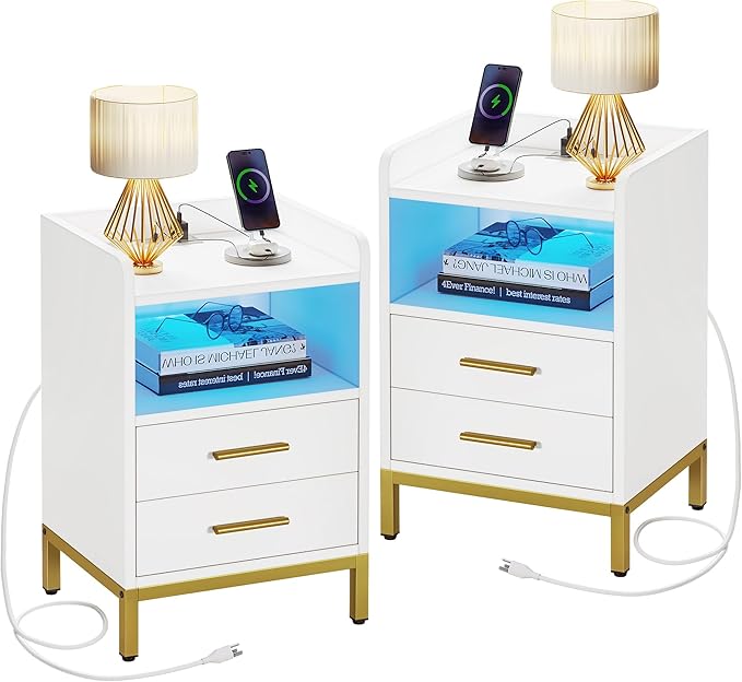 Nightstand with Charging Station & LED Lights