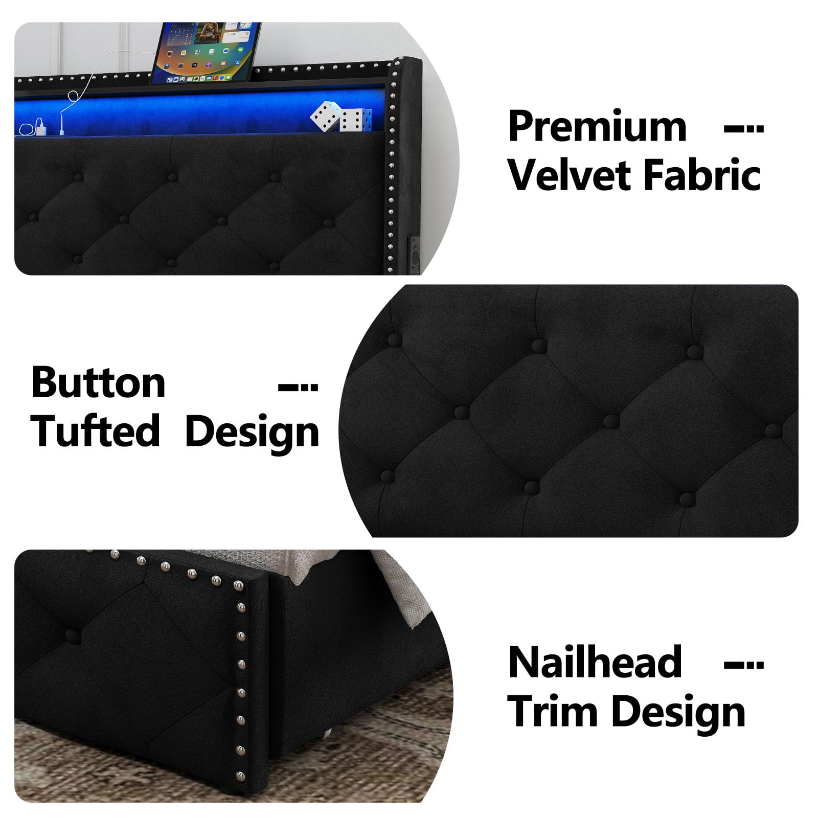 LARMACE Queen Size Bed Frame with LED Lights & USB Charging Station, Velvet Upholstered Platform Bed with Storage Headboard and 4 Drawers, Noise Free, Easy Assembly, Black