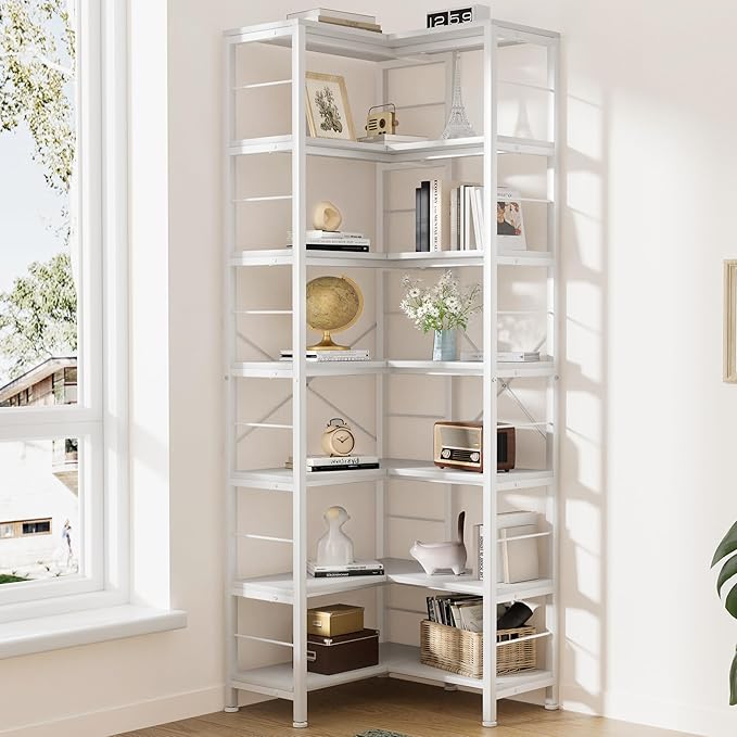 5-Tier Corner Bookshelf, 70.86" Tall Corner Bookcase,5-Shelf Modern L-Shaped Coner Shelf with Metal Frame for Home Office,Living Room,Bed Room(White)