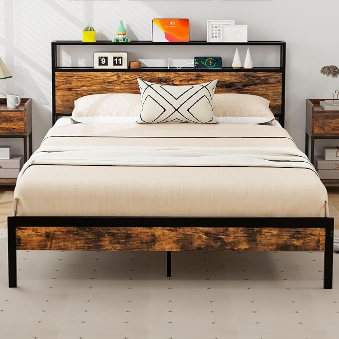 Queen Bed Frame with 2-Tier Storage Headboard, Industrial Metal Platform Bed