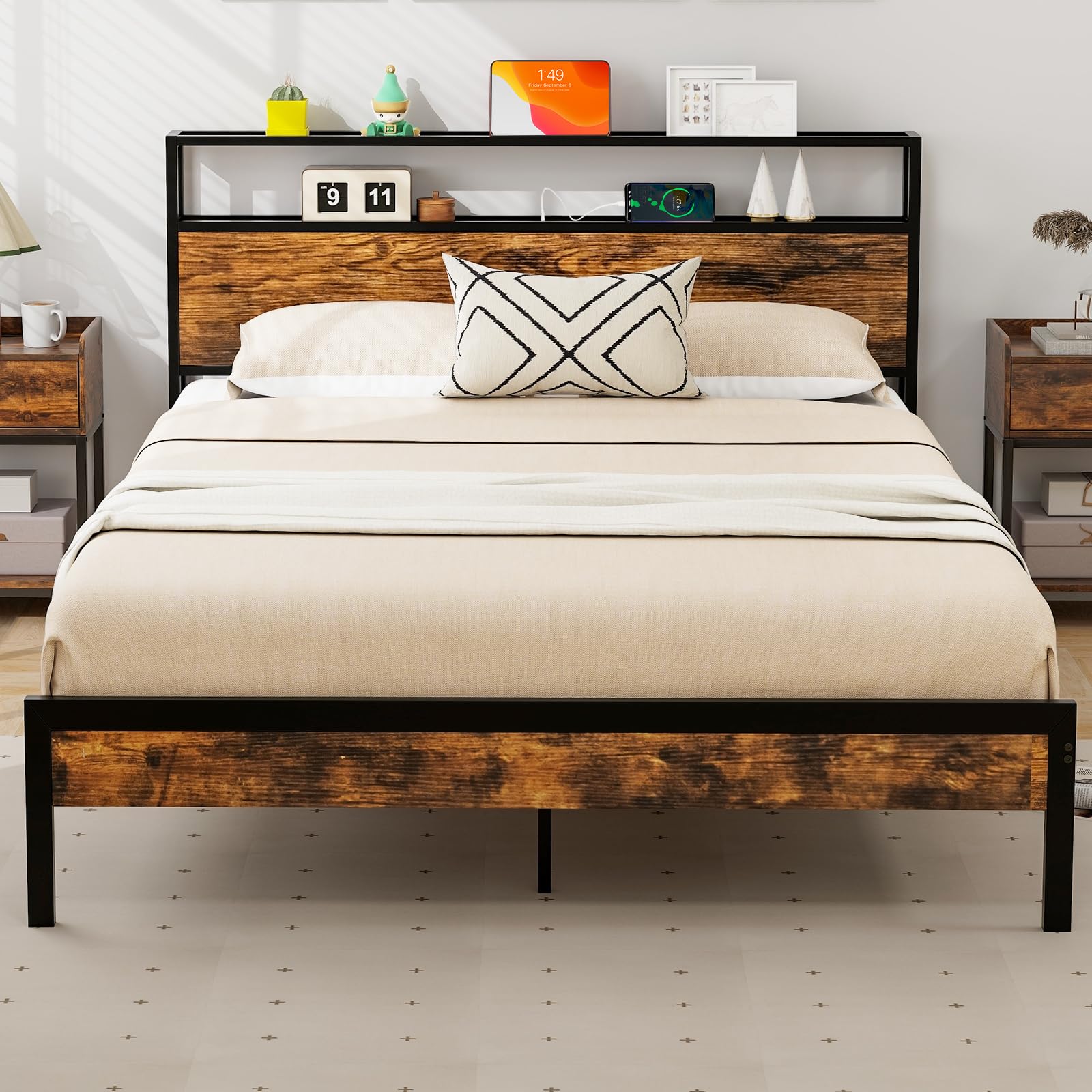 Queen Bed Frame with 2-Tier Storage Headboard, Industrial Metal Platform Bed