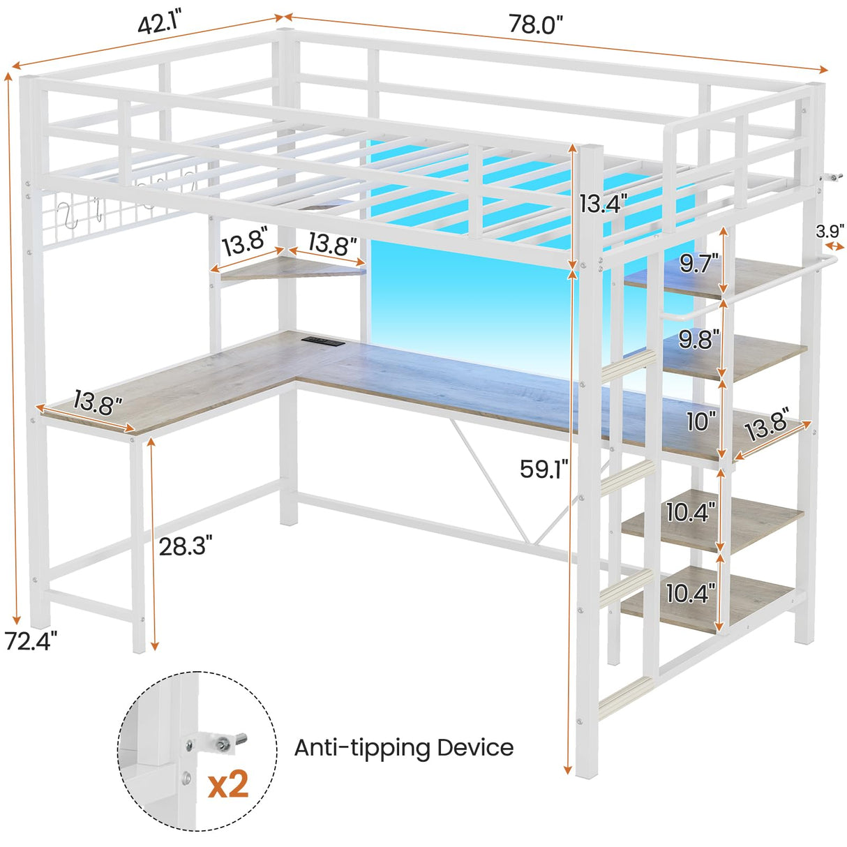 Bed Twin Size with L Shaped Desk, LED Lights, Charging Station, Heavy Duty Metal Loft Bed Frame with 6 Storage Shelves, Safety Guard & Ladder, No Box Spring Needed, No Noise, White