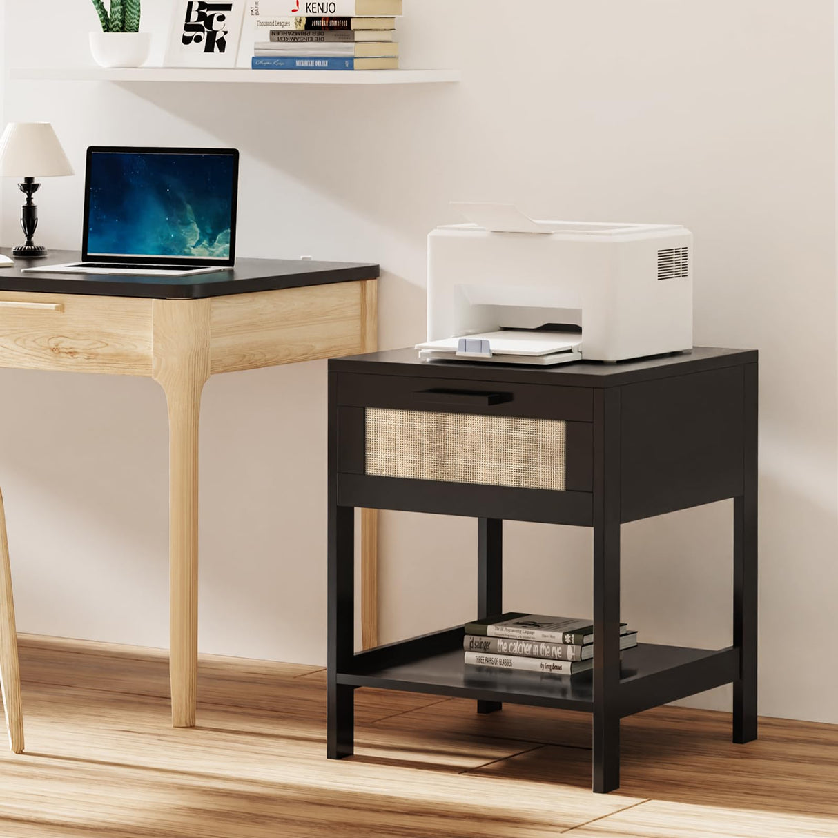 Rattan Nightstand Set of 2 - Rattan Decor Drawer Night Stand Natural Wood Bedside