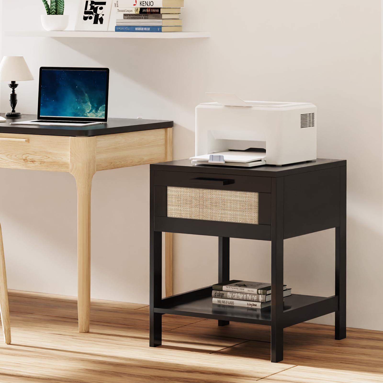 Rattan Nightstand Set of 2 - Rattan Decor Drawer Night Stand Natural Wood Bedside