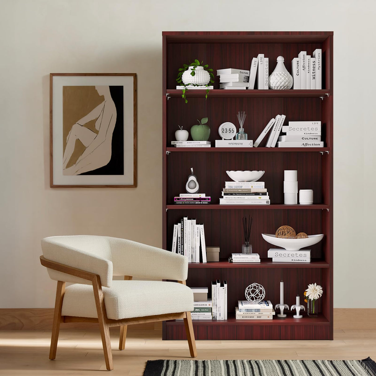 Soohow 5 Shelf Bookcase,60 Inch Wood Tall Bookshelves for Living Room,Mahogany