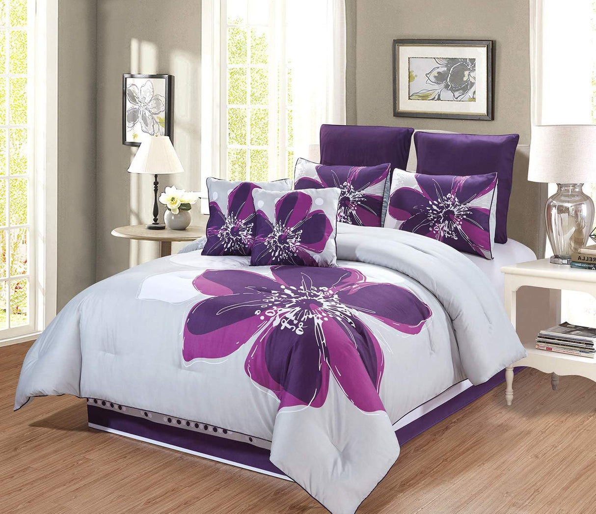 8 - Piece Grey, Purple, Dark Purple Floral Comforter Set King Size Bedding + Accent Pillows