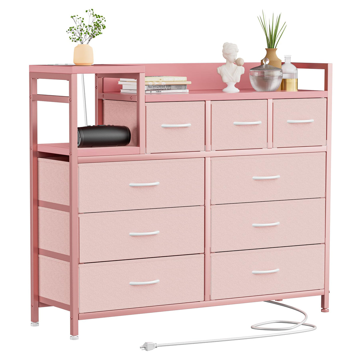 Dresser TV Stand with Power Outlet, Bedroom Dresser with 9 Drawers
